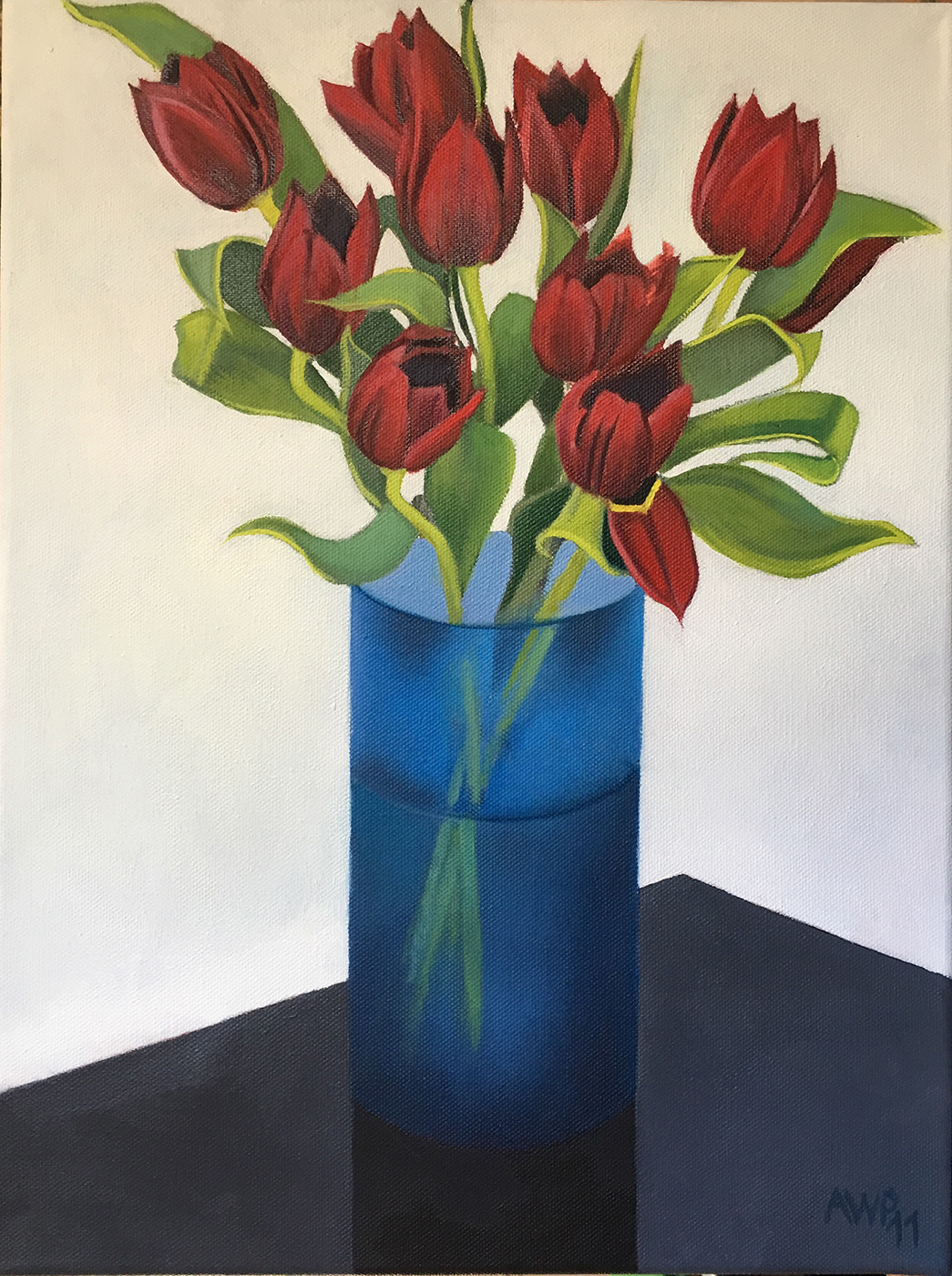 Tulips in a Blue Glass Vase  –  40cm x 30cm